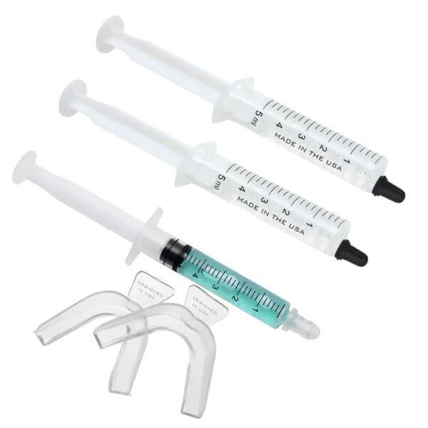 2 teeth whitening syringes with 1 remineralization syringe and 2 mouth trays