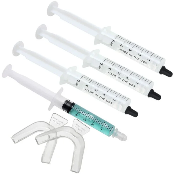 3 teeth whitening syringes with 1 remineralization syringe and 2 mouth trays